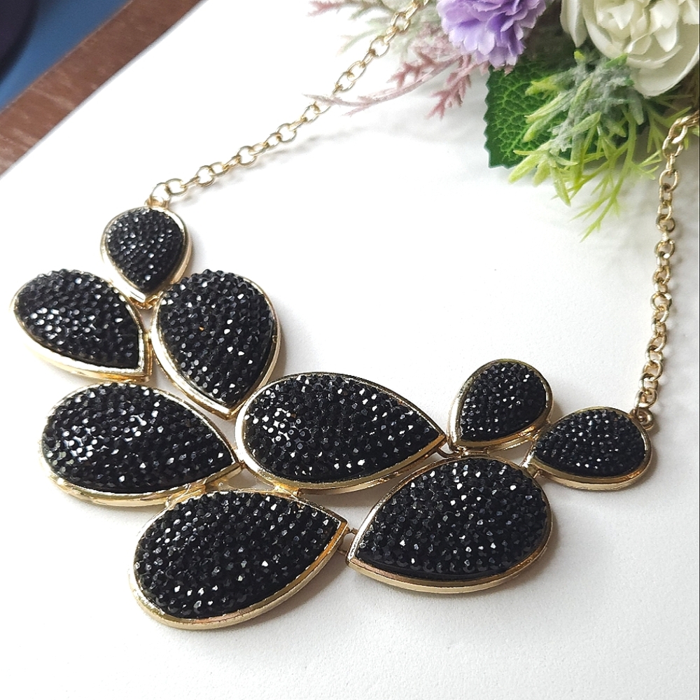 Black Crystal Gold Tone Tear Drop Linked Statement Necklace